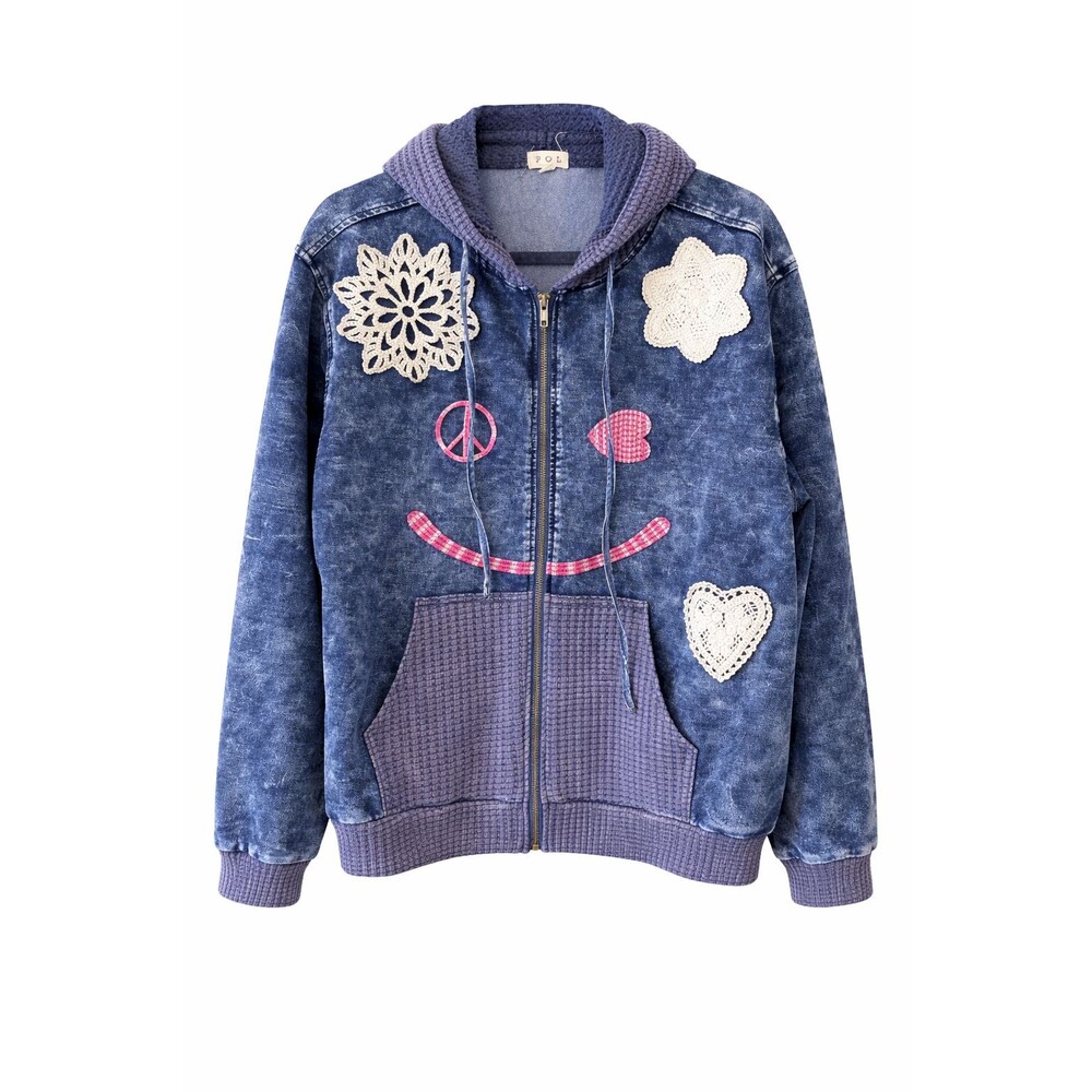 POL Small Oversized Patchwork Hoodie Zip Jacket Crochet Boho